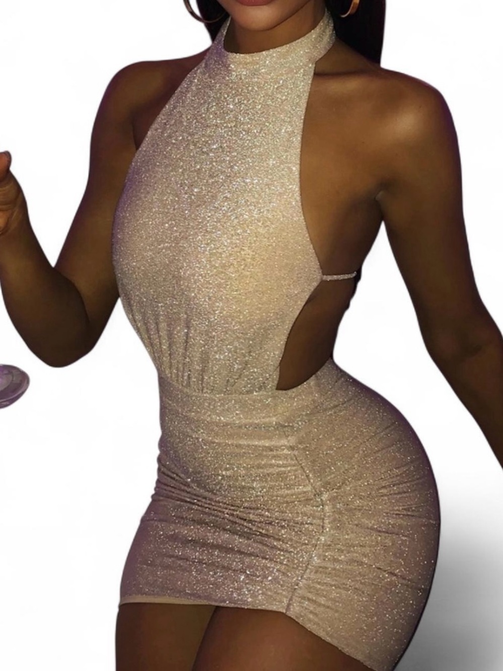 Shimmer Halter Cutout Mini Dress in Champagne